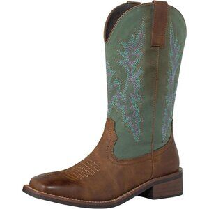 🆕SheSole Womens Turquoise-brown Wide Calf Square Western Fashion Cowgirl Boot